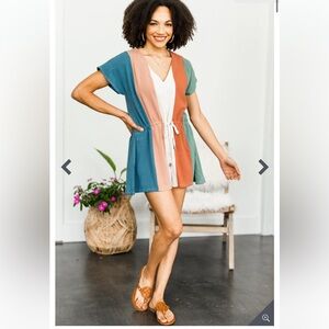 ☀️EUC Entro Colorblock Romper Size L Linen Blend Drawstring Waist